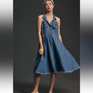NWT Anthropologie Pilcro Sleeveless Halter Swing Midi Dress L Denim Blue Cotton